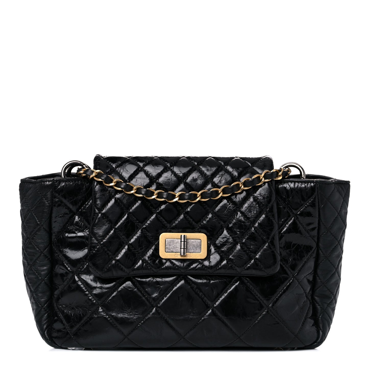 Glazed Crinkled Calfskin Medium East West Flap Black