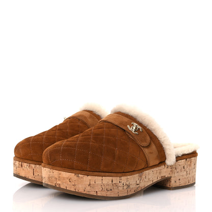 Chanel Suede Calfskin Shearling Turn Lock Clogs 40 Brown 4 of 10