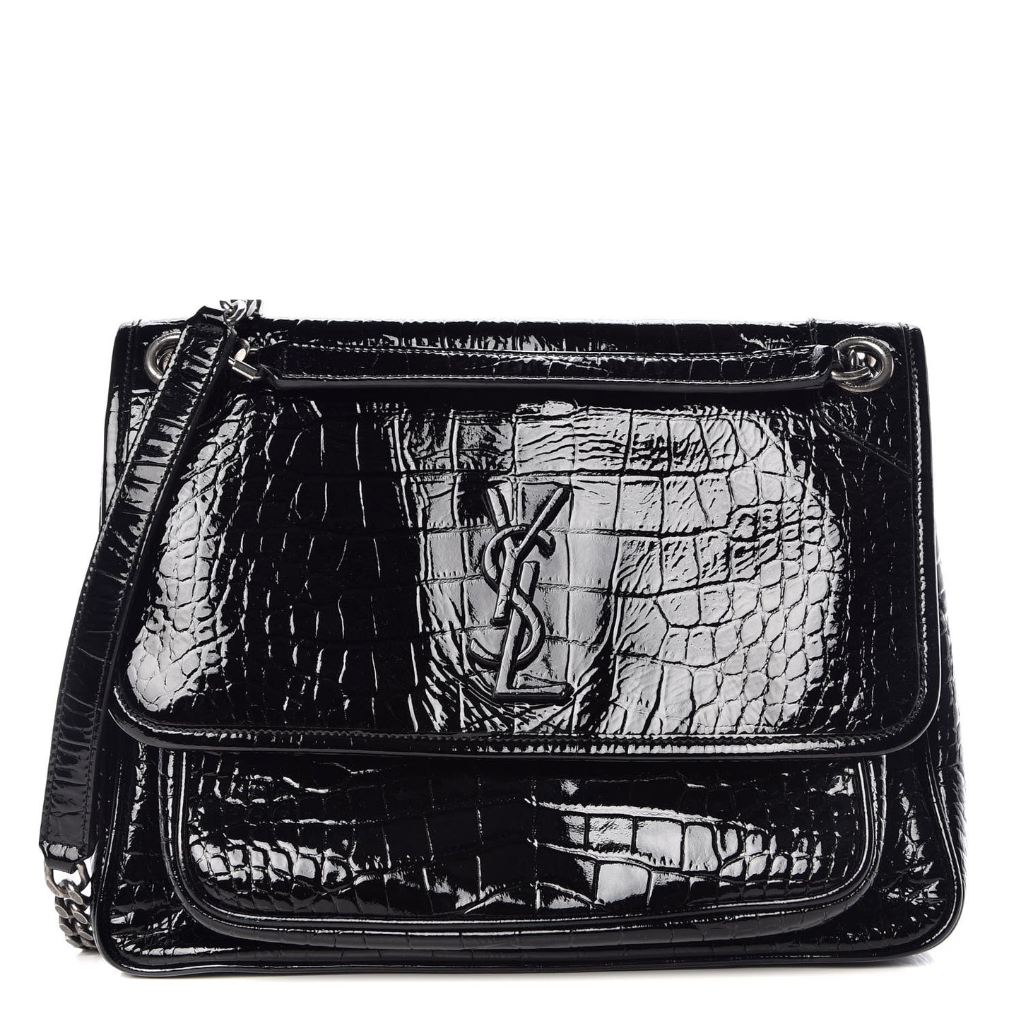 Patent Crocodile Embossed Lambskin Monogram Medium Niki Chain Satchel Black