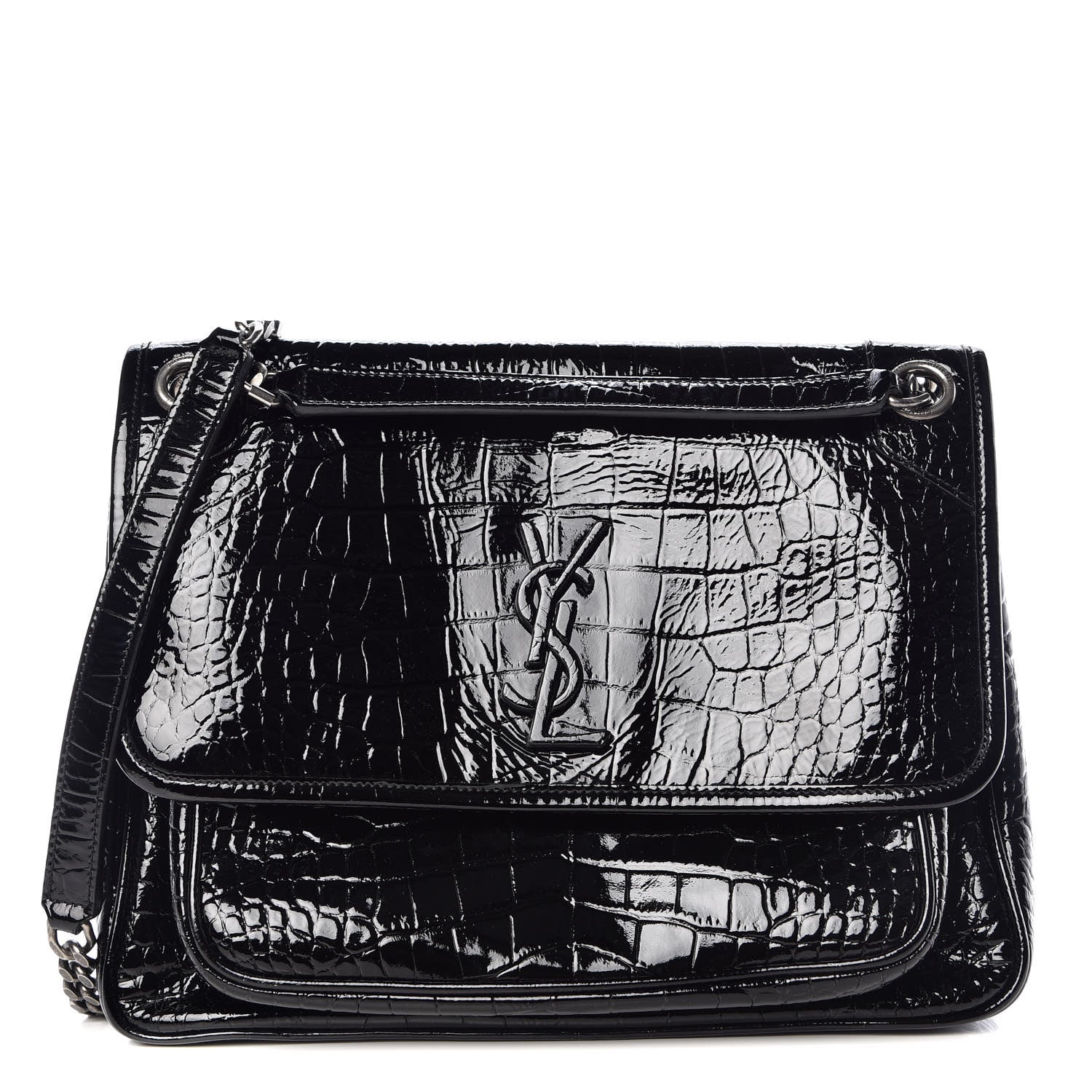 Saint Laurent Patent Crocodile Embossed Lambskin Monogram Medium Niki Chain Satchel Black 1 of 10