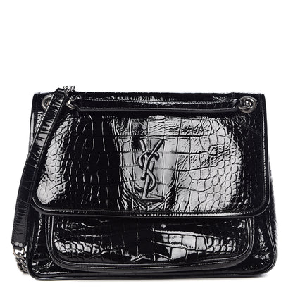 Saint Laurent Patent Crocodile Embossed Lambskin Monogram Medium Niki Chain Satchel Black 1 of 10