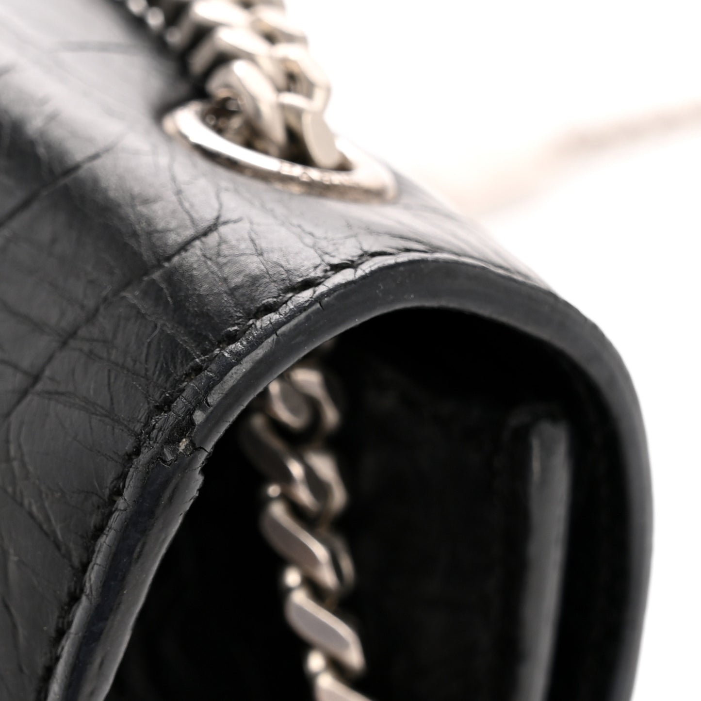 Calfskin Crocodile Embossed Medium Classic Monogram Kate Tassel Satchel Black