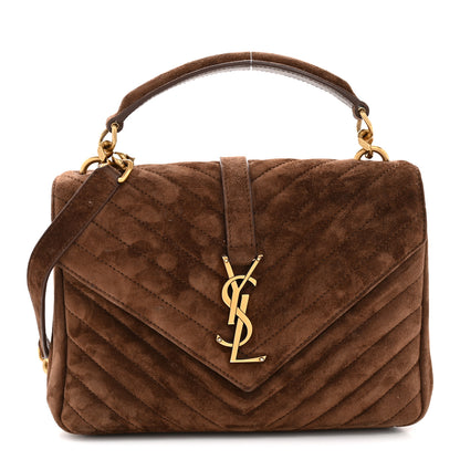 Saint Laurent Suede Matelasse Chevron Monogram Medium College Bag Bark Brown 1 of 13