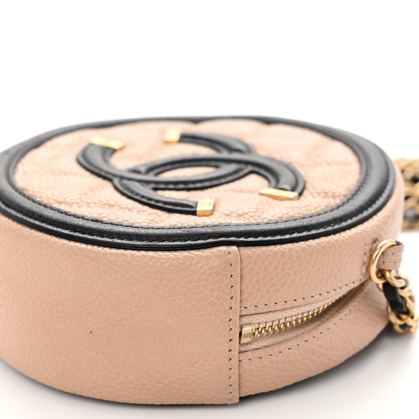 Caviar Quilted Round Filigree Crossbody Beige Black
