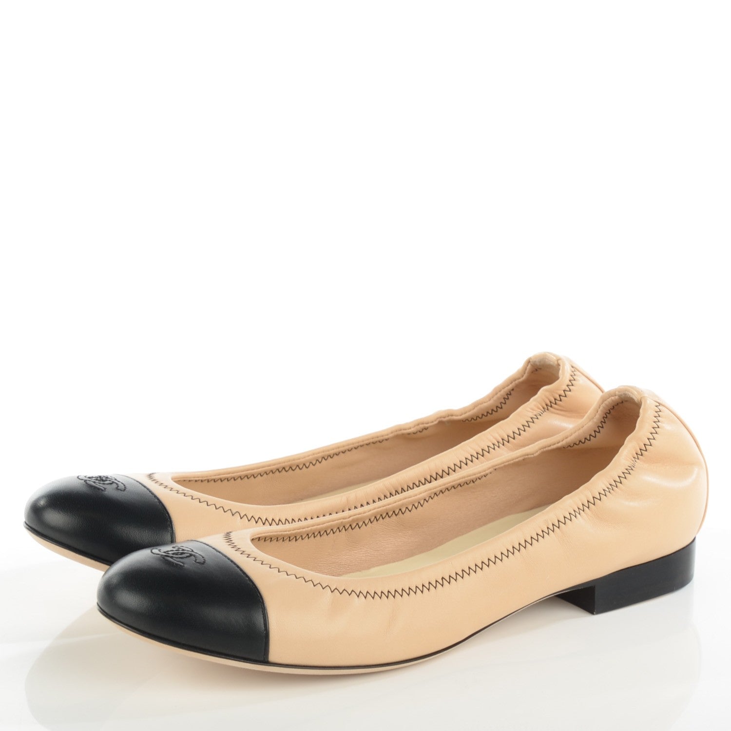 Chanel Lambskin Cap Toe CC Ballerina Flats 40 Beige Black 3 of 8