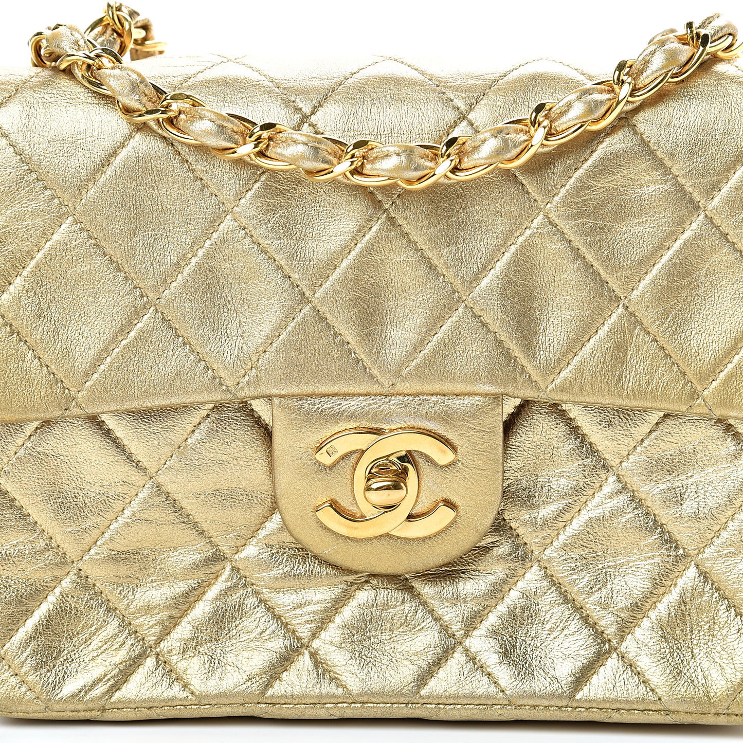 Metallic Lambskin Quilted Mini Square Flap Gold