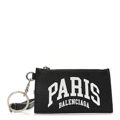 Balenciaga Grained Calfskin Paris Logo Cash Coin Card Holder On Keychain Black 1 of 10
