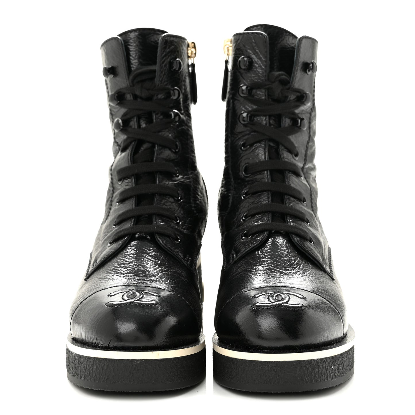 Shiny Crumpled Lambskin Lace Up Combat Boots 36 Black