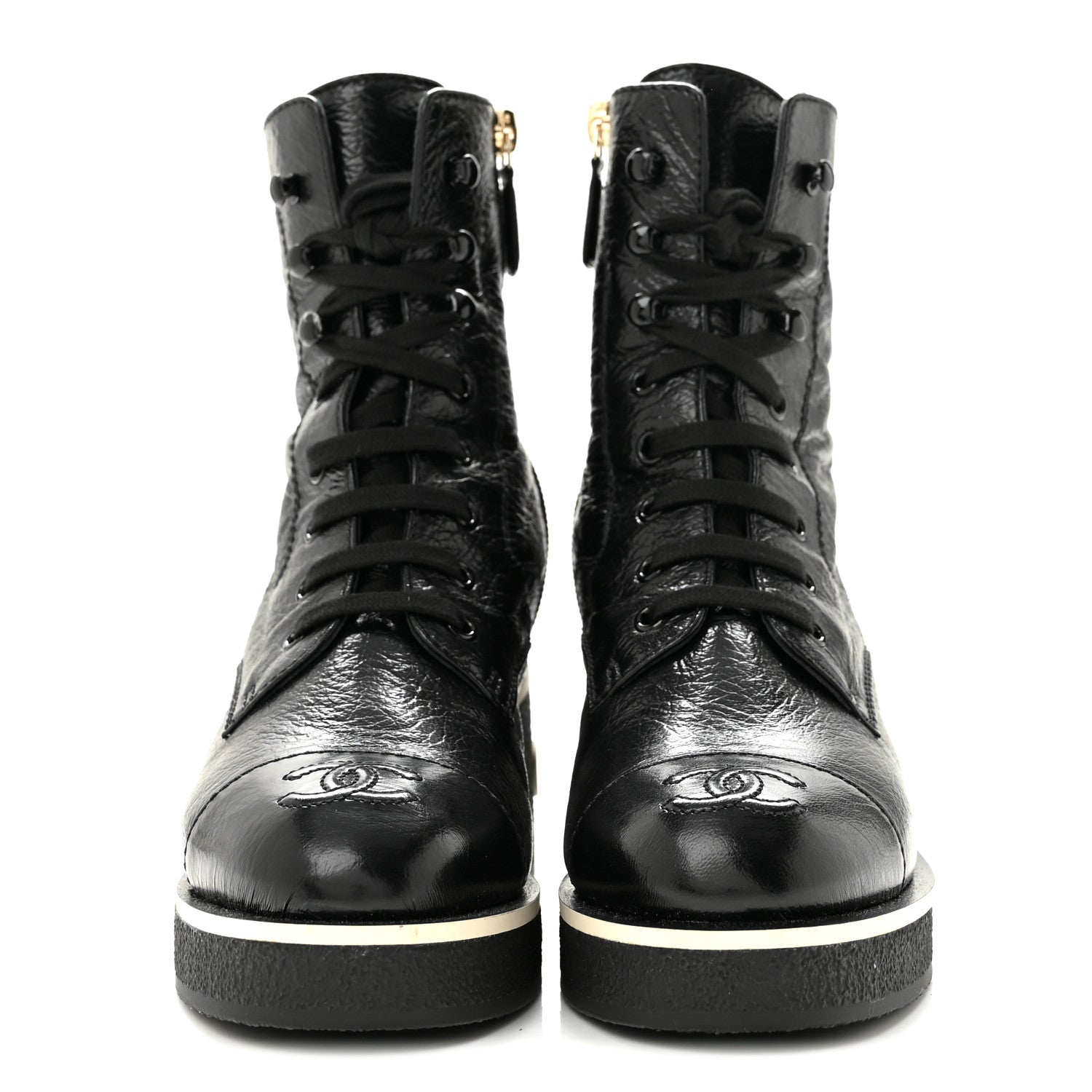 Chanel Shiny Crumpled Lambskin Lace Up Combat Boots 36 Black 3 of 11