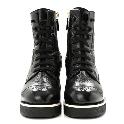 Chanel Shiny Crumpled Lambskin Lace Up Combat Boots 36 Black 3 of 11