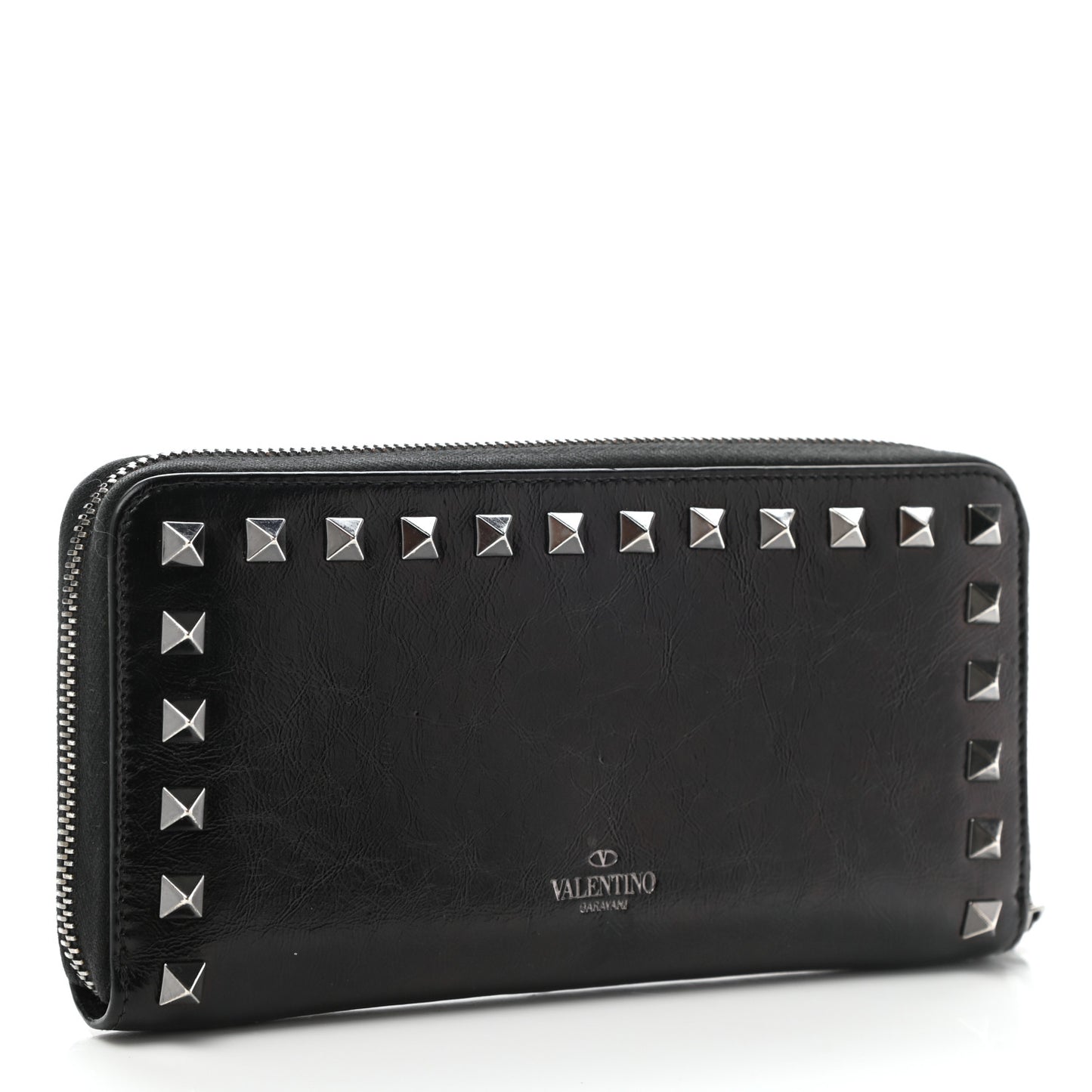 Craquele Calfskin Rockstud Zip Around Wallet Black