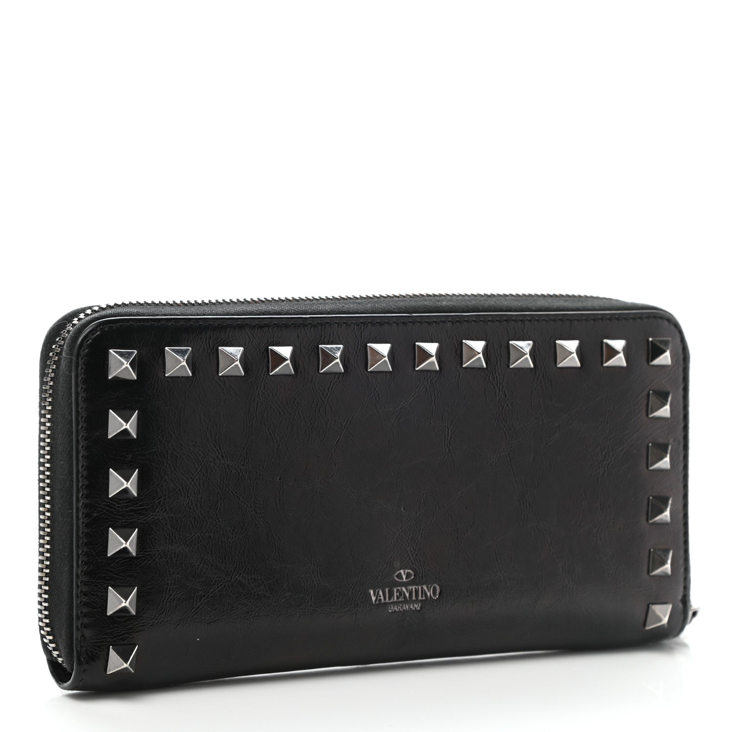 Valentino Garavani Craquele Calfskin Rockstud Zip Around Wallet Black 3 of 10