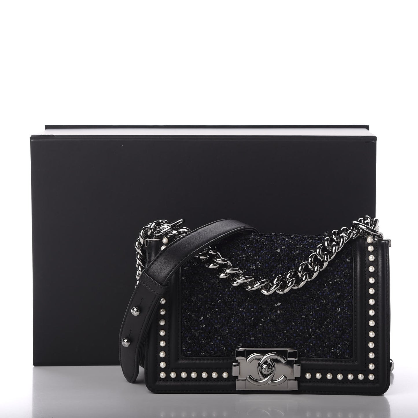 Calfskin Pearl Tweed Small Boy Flap Black