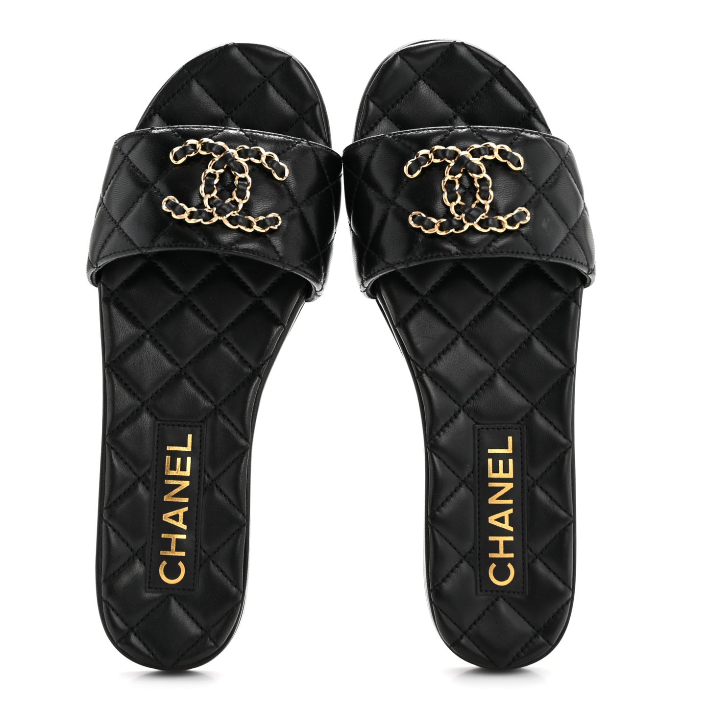 Shiny Goatskin Quilted CC Mules Sandals 36.5 Black