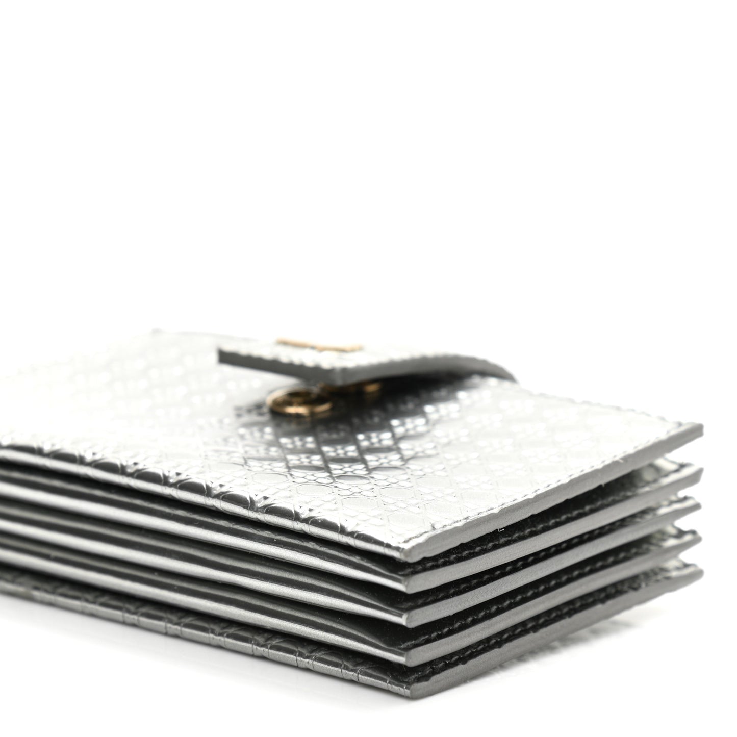 Metallic Patent Micro-Cannage Montaigne Gusseted Card Holder Silver
