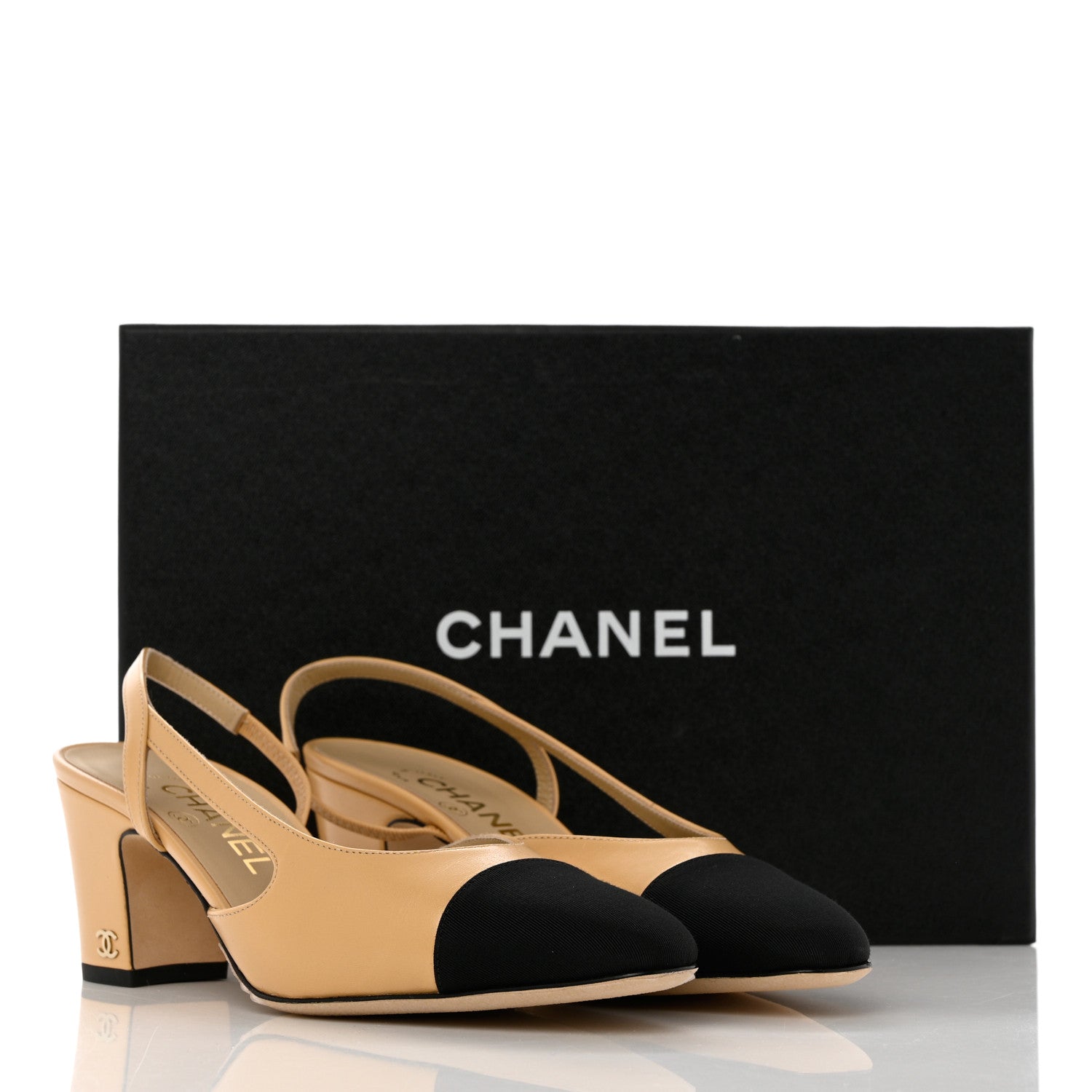 Chanel Goatskin Grosgrain Cap Toe CC Slingback Pumps 38 Beige Black 11 of 11