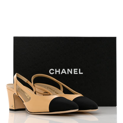 Chanel Goatskin Grosgrain Cap Toe CC Slingback Pumps 38 Beige Black 11 of 11