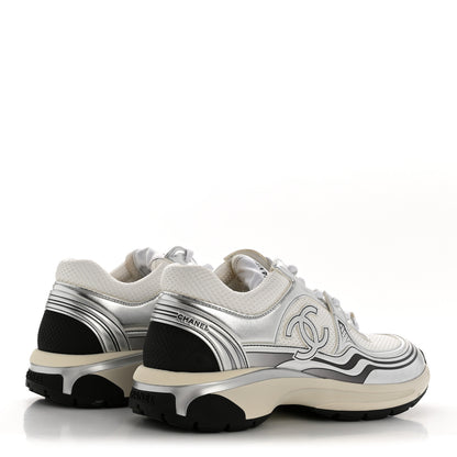 Chanel Fabric Laminated Calfskin Stretch CC Womens Sneakers 39.5 White Silver 5 of 11