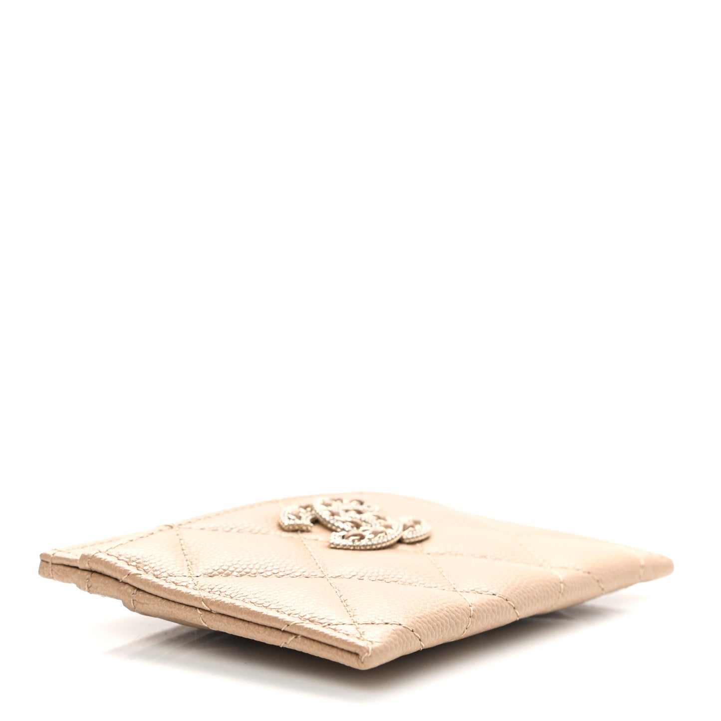 Caviar Quilted Crystal Card Holder Beige