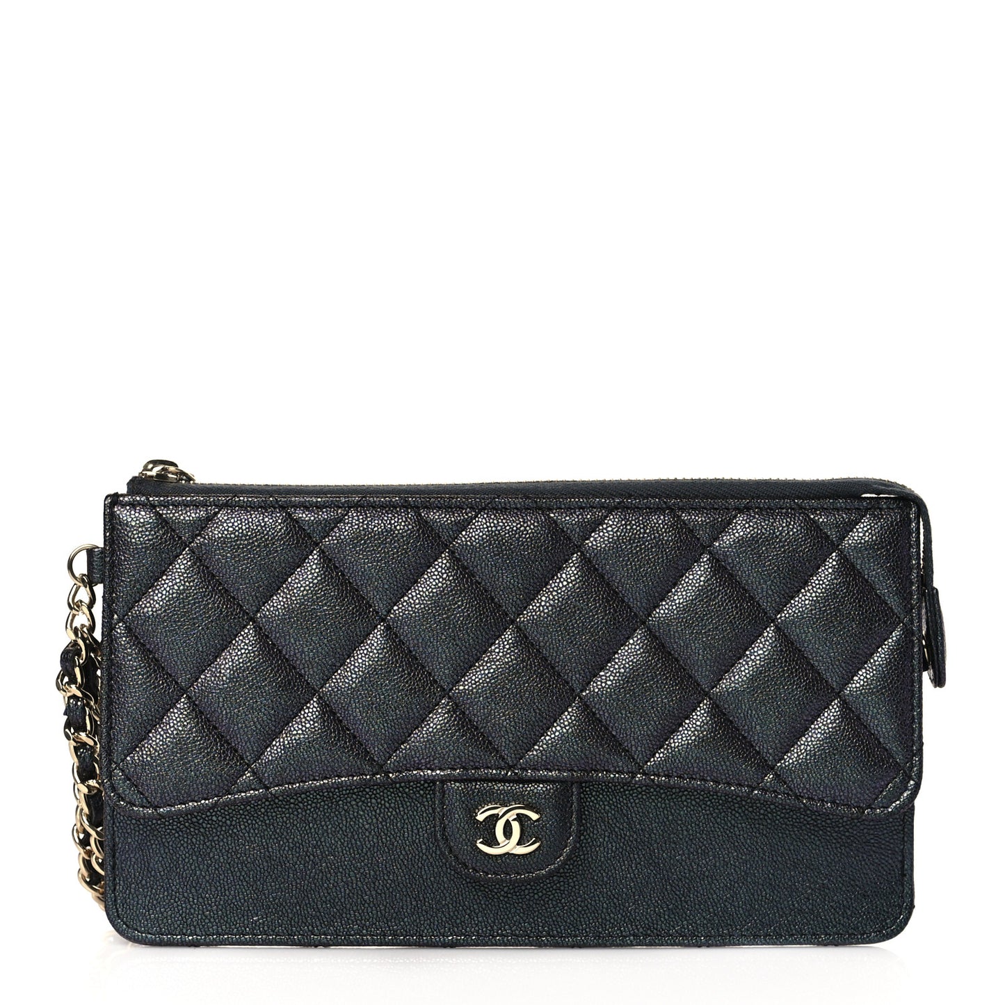 Iridescent Caviar Quilted Classic Pouch With Handle Black