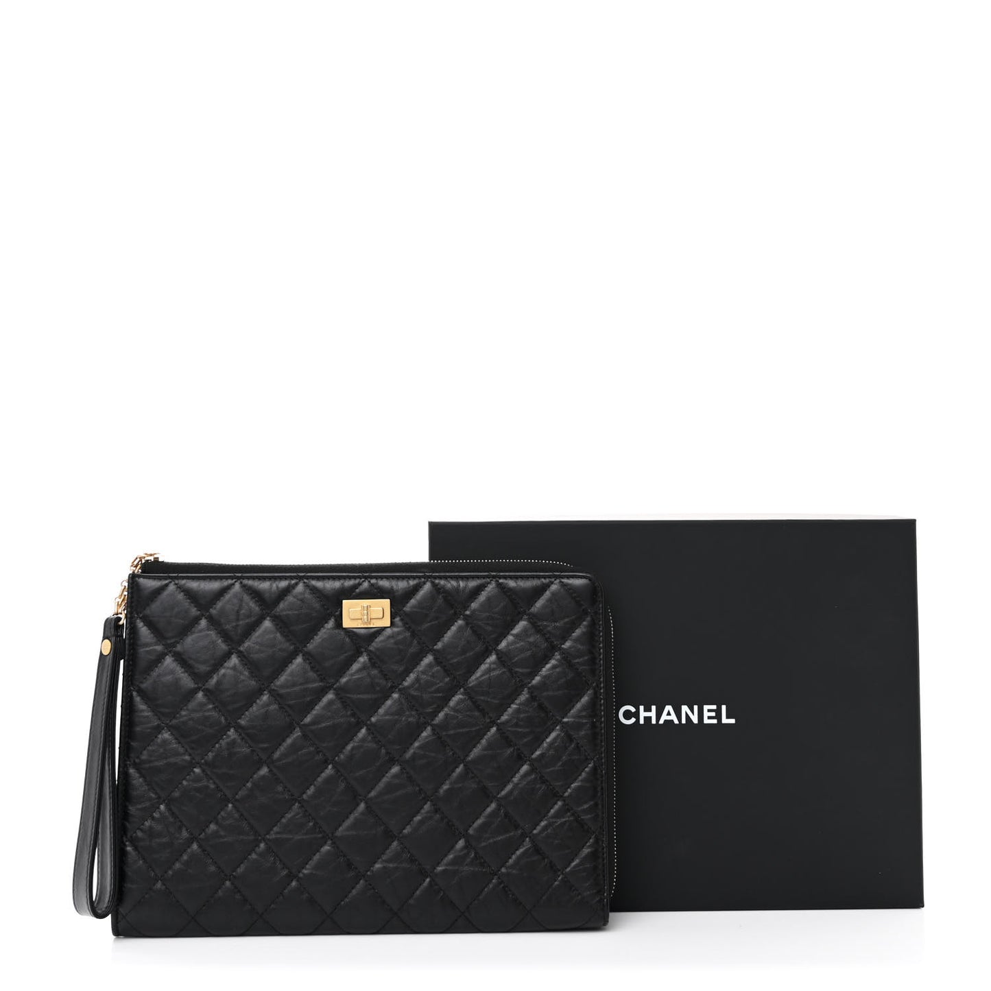 Aged Calfskin Quilted 2.55 Reissue Pouch With Handle Black