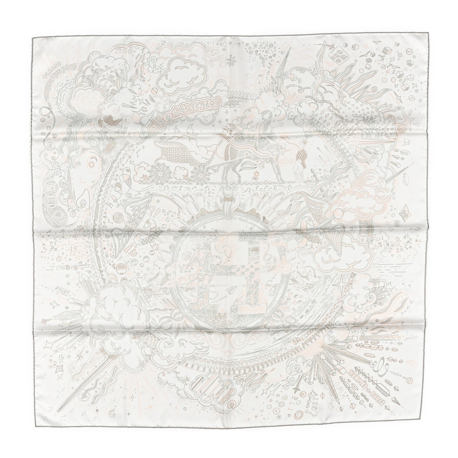 Hermes Silk Please Hold The Line Scarf 90 White Rose Nacre Vert de Gris 1 of 4