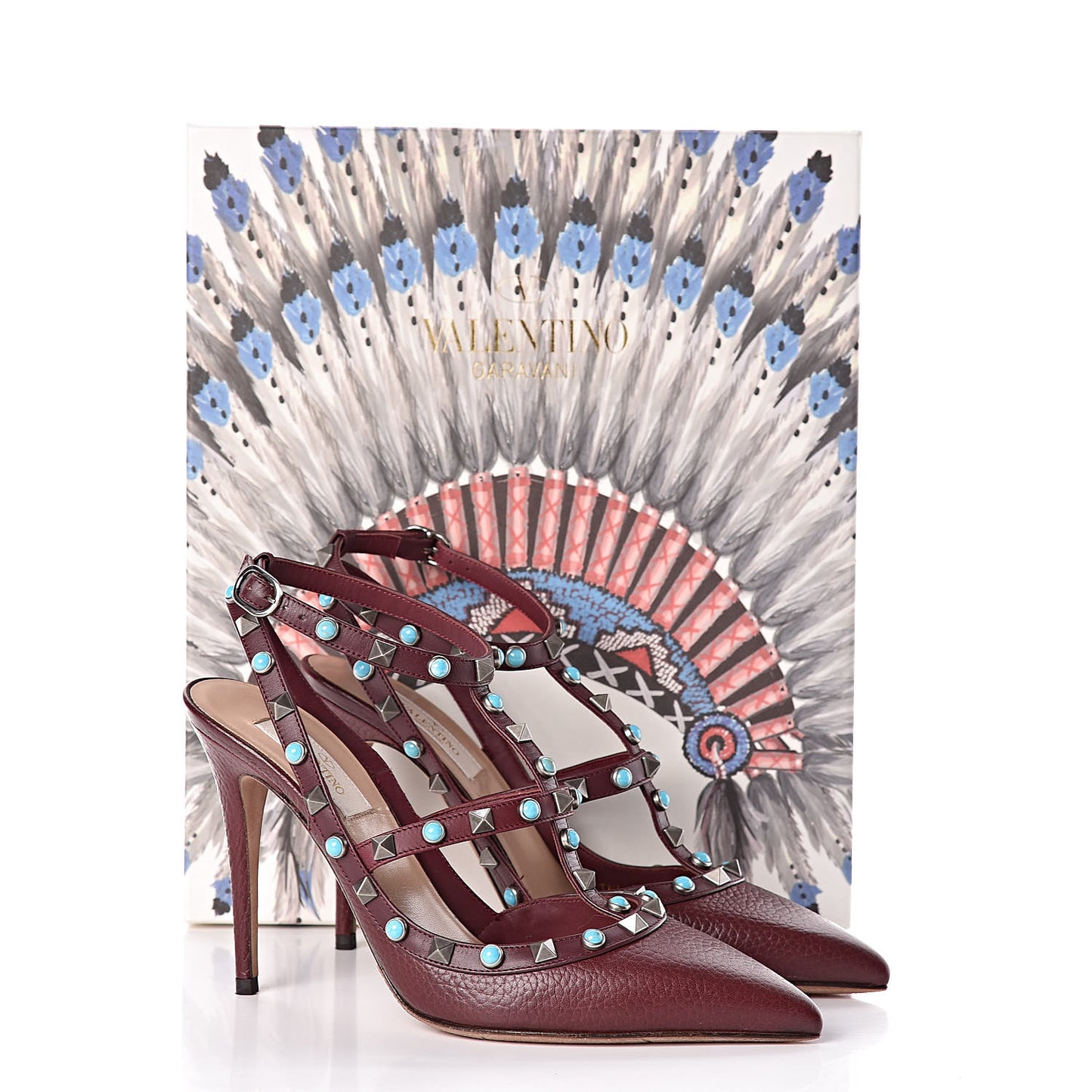 Pebbled Calfskin Turquoise Rockstud Rolling Ankle Strap 100mm Pumps 38 Rubin
