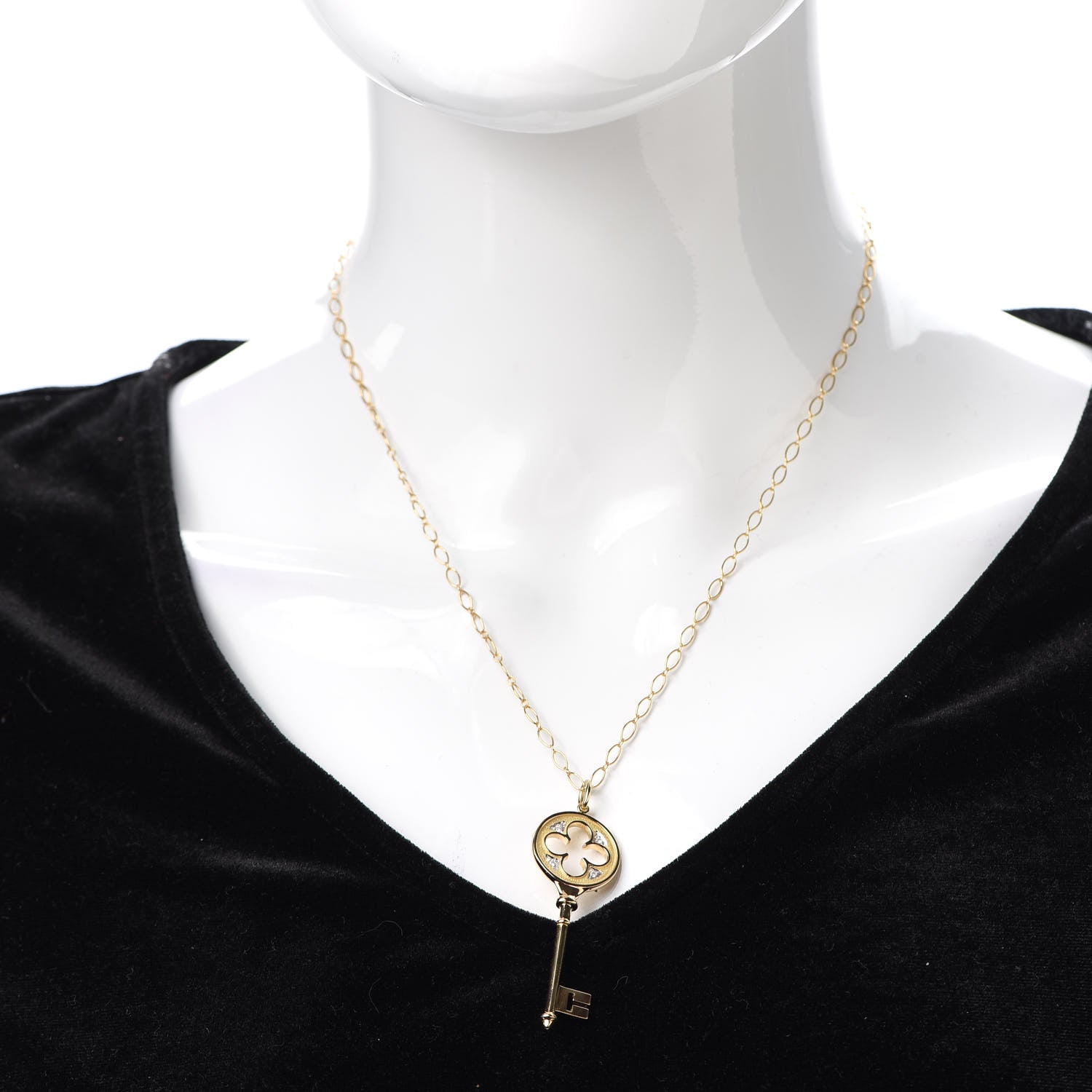 Tiffany 18K Yellow Gold Diamond Quatrefoil Key Pendant Necklace 2 of 6