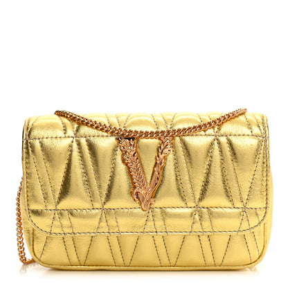 Versace Metallic Vitello Quilted Virtus Mini Wallet Chain Crossbody Gold 1 of 8