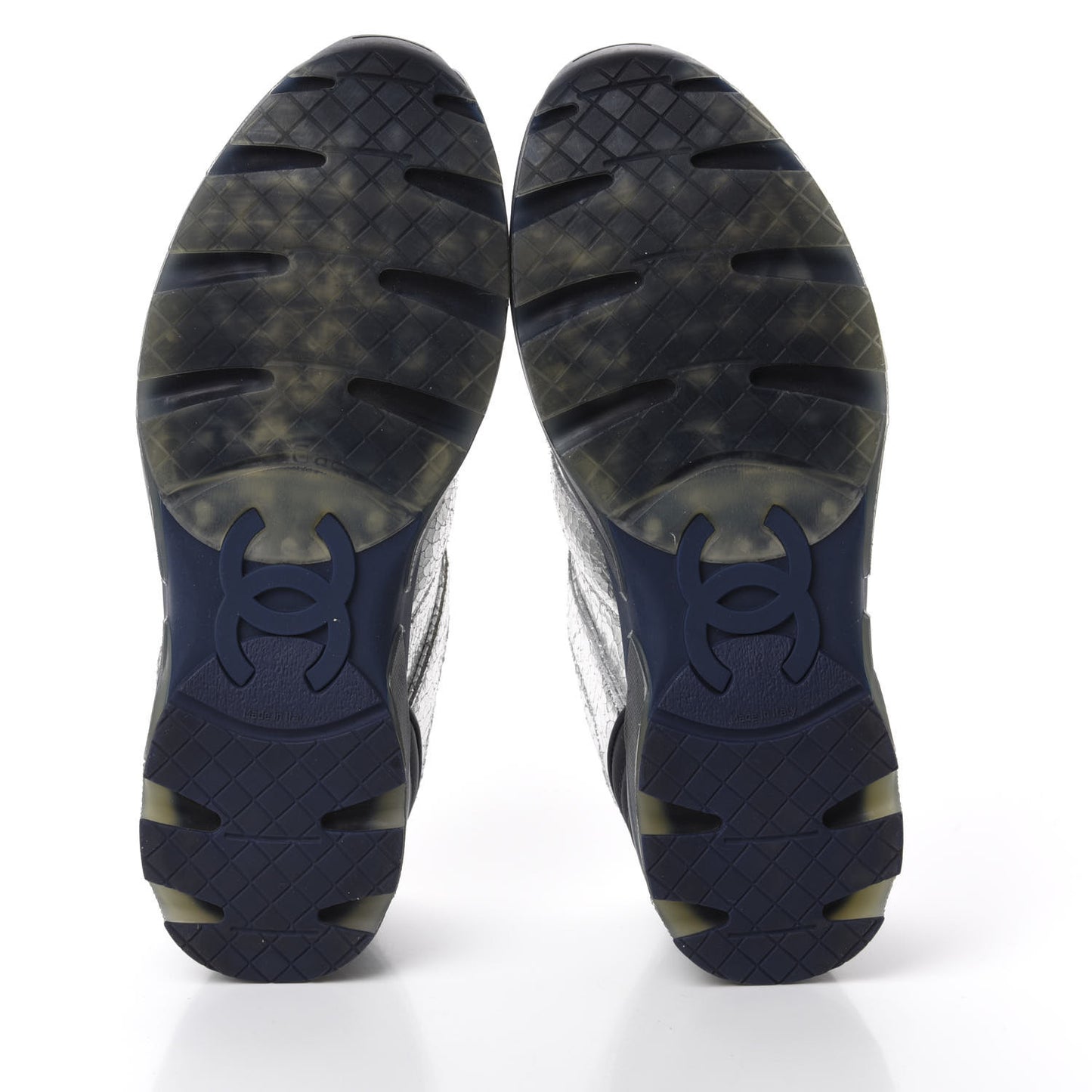Metallic Crackled Calfskin CC Sneakers 36.5 Silver Black Navy