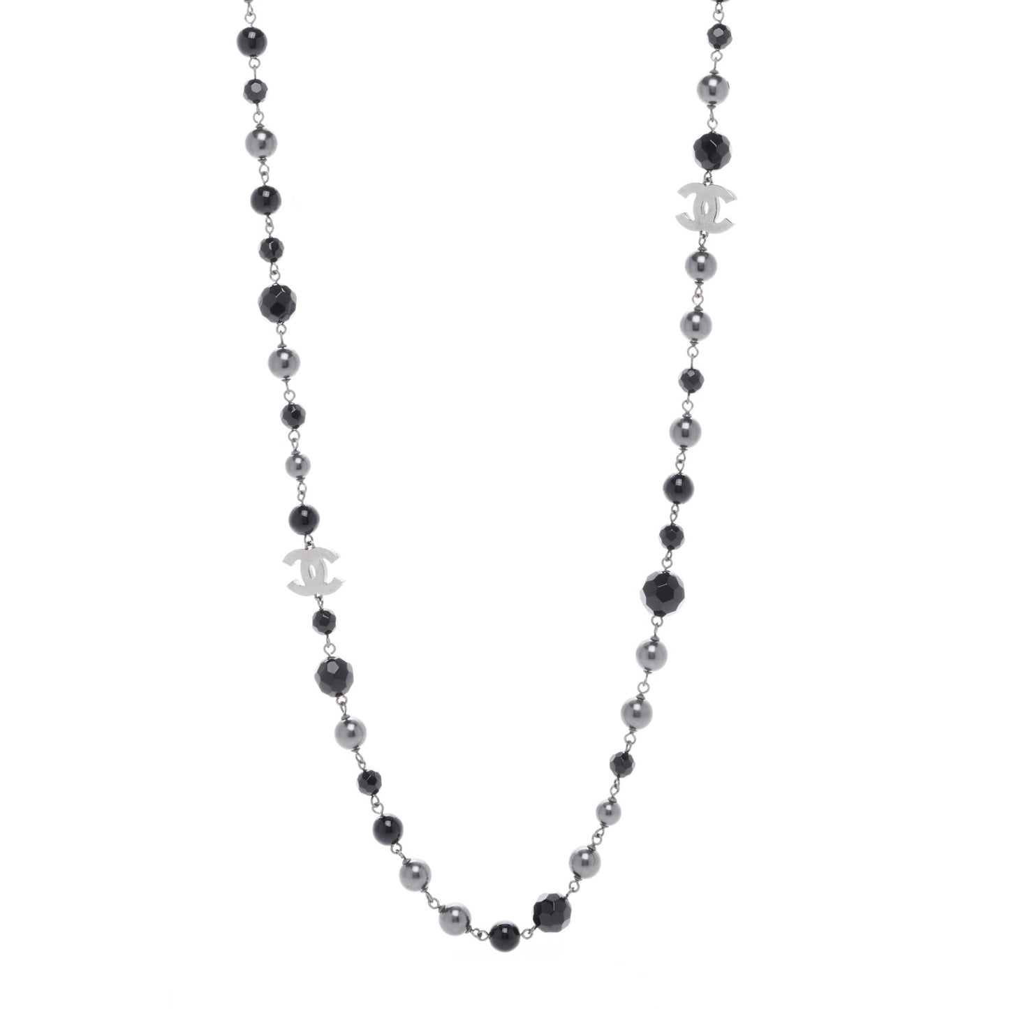 Ruthenium Pearl Beaded CC Long Necklace Black