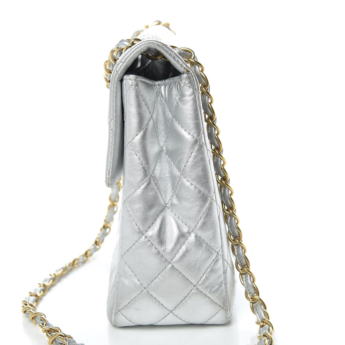 Metallic Lambskin Quilted Maxi Single Flap Silver