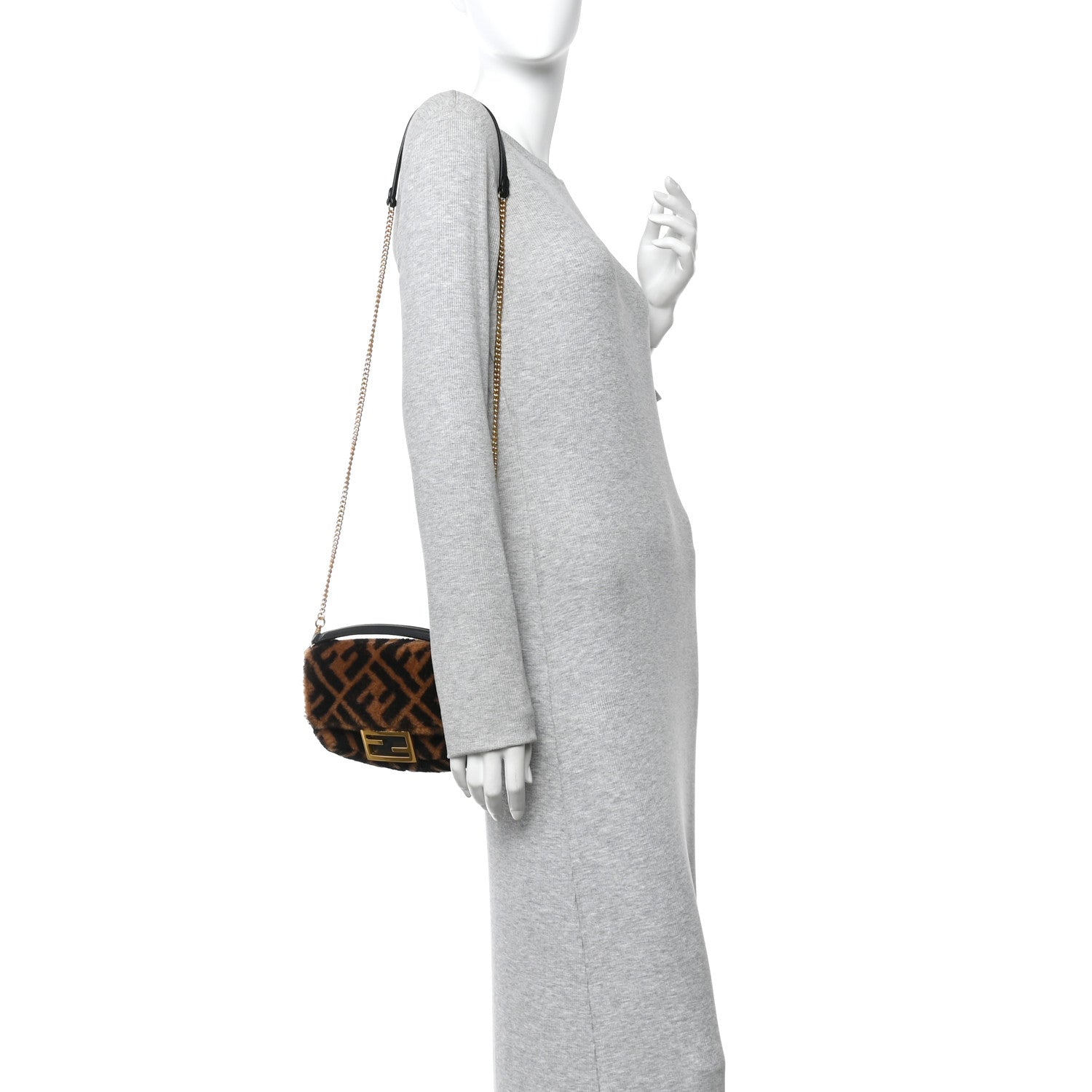 Fendi Shearling Vitello Dolce Macro FF 1974 Mini Baguette Tobacco Black 2 of 11
