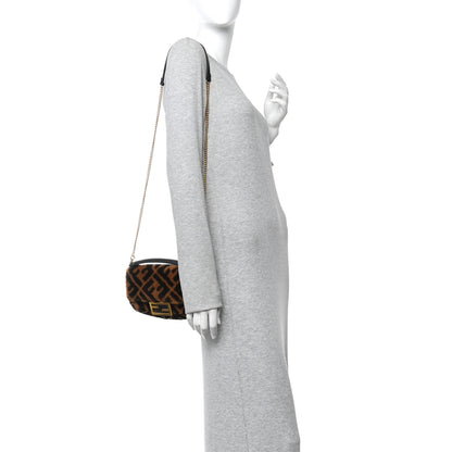 Fendi Shearling Vitello Dolce Macro FF 1974 Mini Baguette Tobacco Black 2 of 11