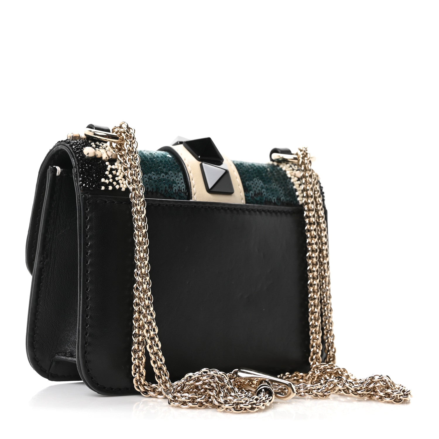 Valentino Garavani Vitello Beaded Mini Glam Lock Rockstud Flap Black Ivory Green 3 of 10
