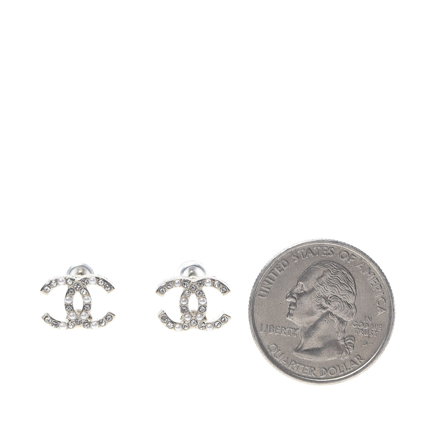 Chanel Pearl Crystal CC Charms Stud Earrings Light Gold 2 of 5