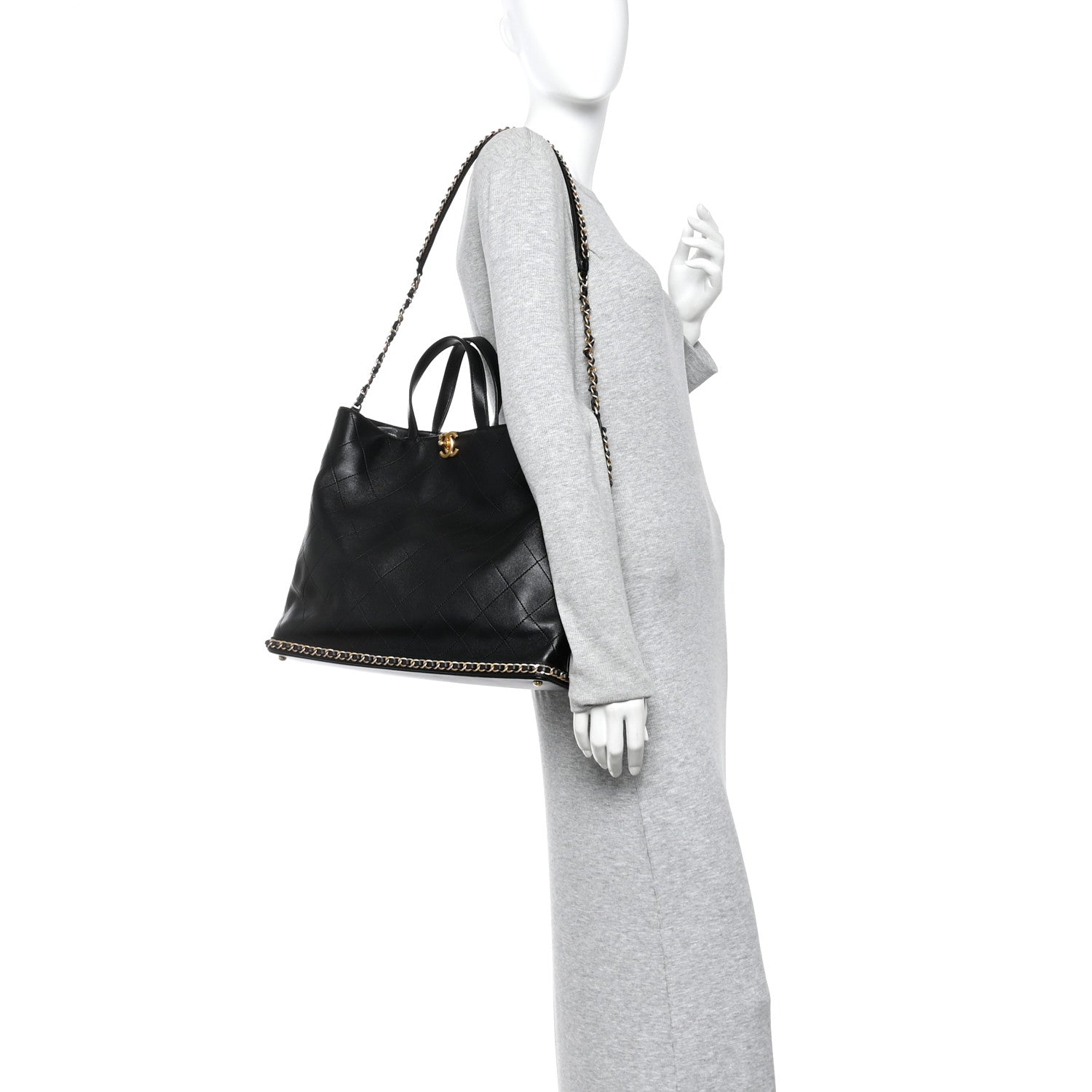 Chanel Shiny Lambskin Quilted Chain Around Shopping Tote Black 2 of 12