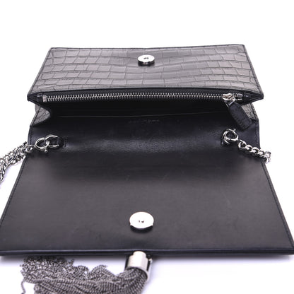 Saint Laurent Calfskin Crocodile Embossed Kate Monogram Tassel Chain Wallet Black 9 of 17