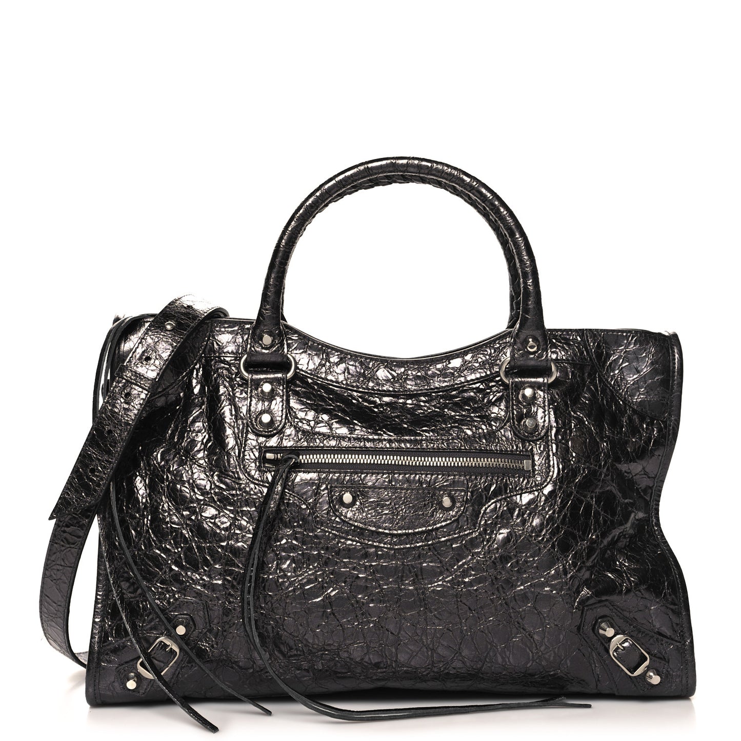 Metallized Arena Lambskin Classic Silver Hardware Medium Le City Steel Gray