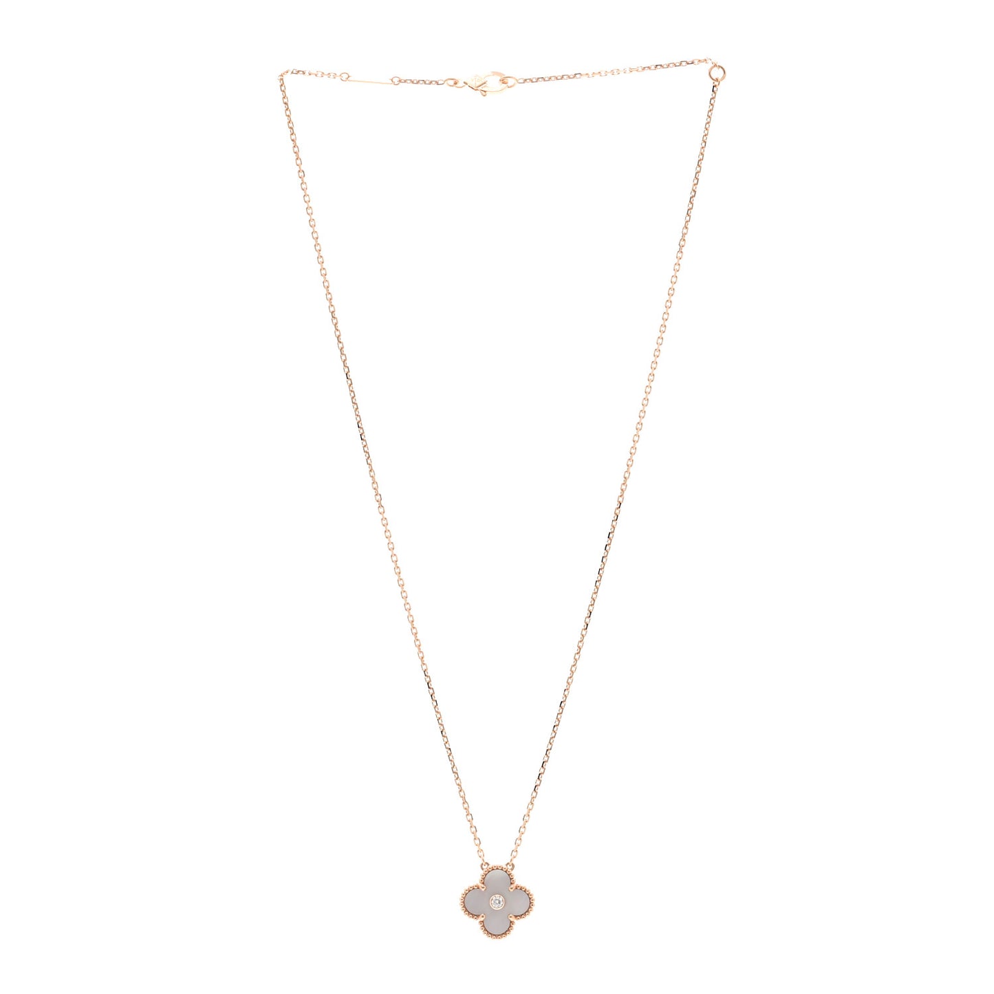18K Rose Gold Diamond Pink Mother of Pearl Vintage Alhambra Pendant Necklace