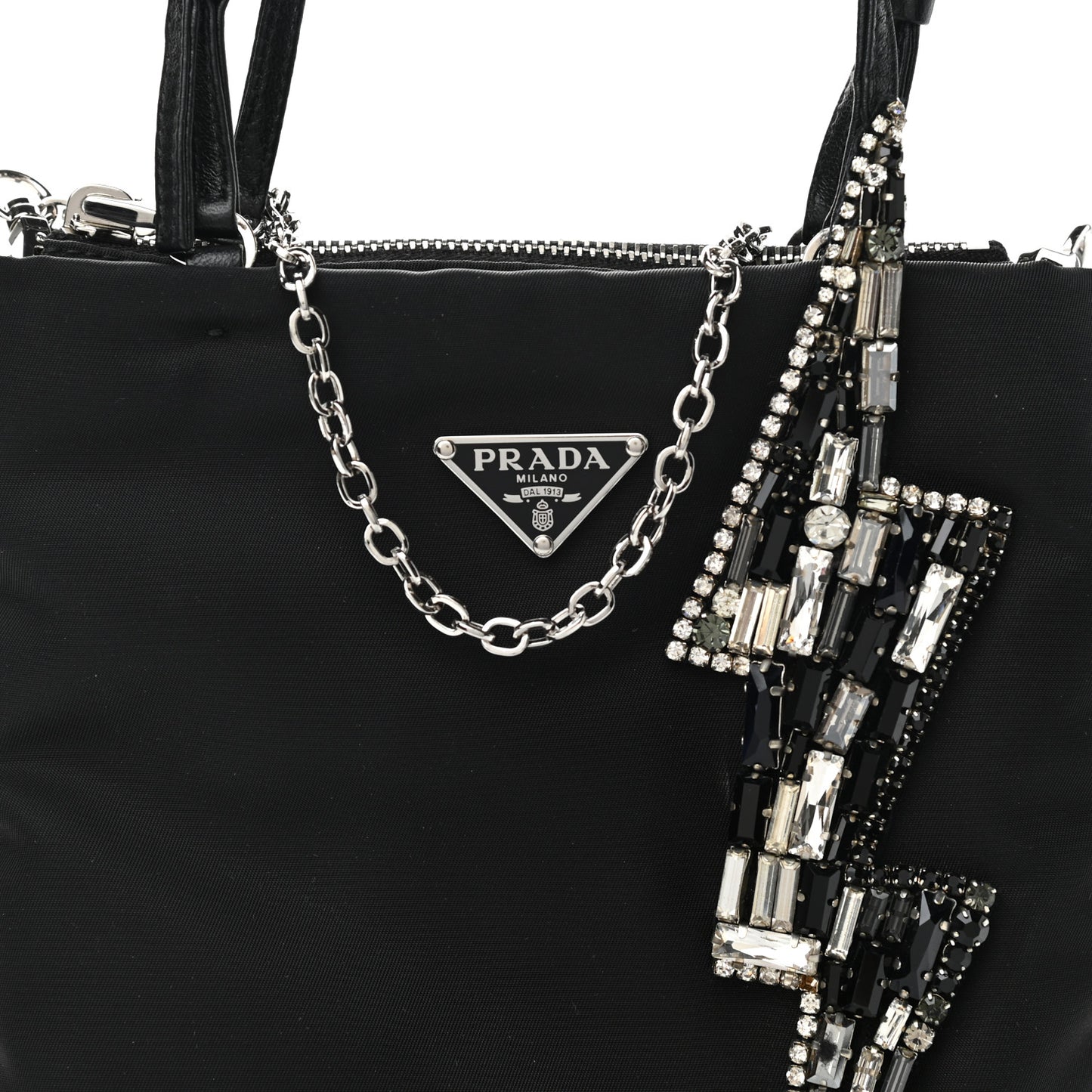 Tessuto Nylon Crystal Metal Triangle Logo Lightning Chain Shopping Tote Black