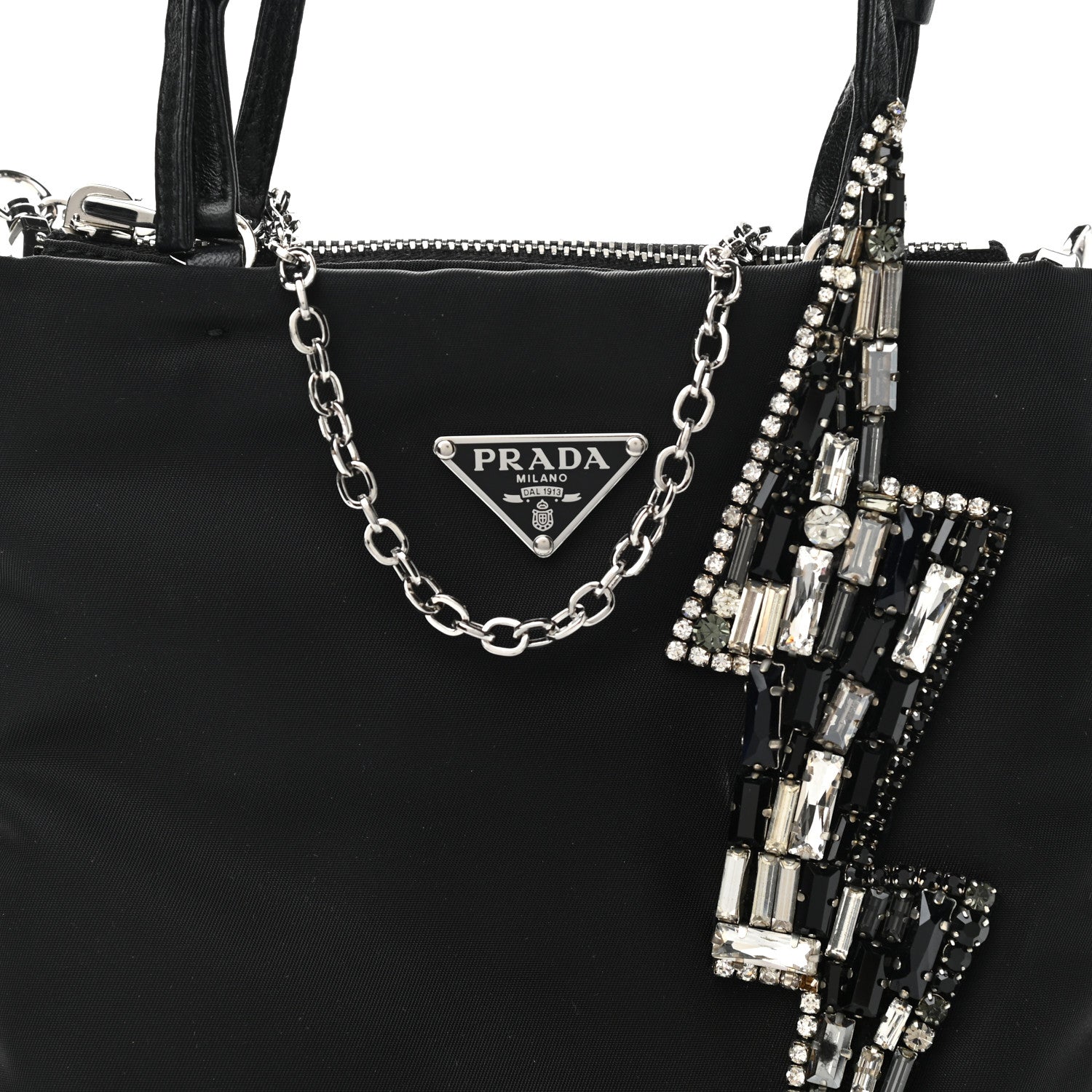 Prada Tessuto Nylon Crystal Metal Triangle Logo Lightning Chain Shopping Tote Black 8 of 12