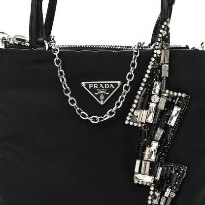 Prada Tessuto Nylon Crystal Metal Triangle Logo Lightning Chain Shopping Tote Black 8 of 12