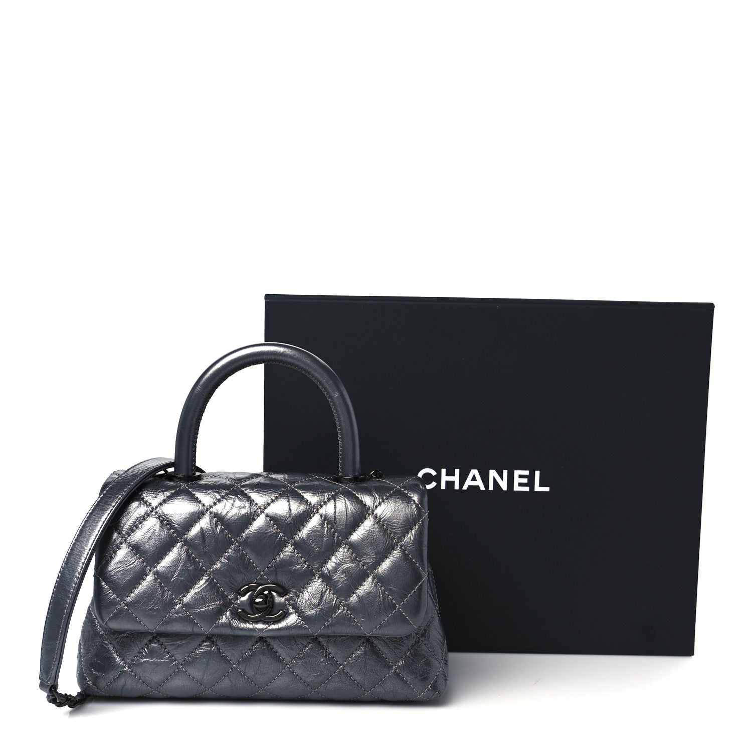 Chanel Metallic Aged Calfskin Quilted Mini Coco Handle Flap Charcoal 12 of 12