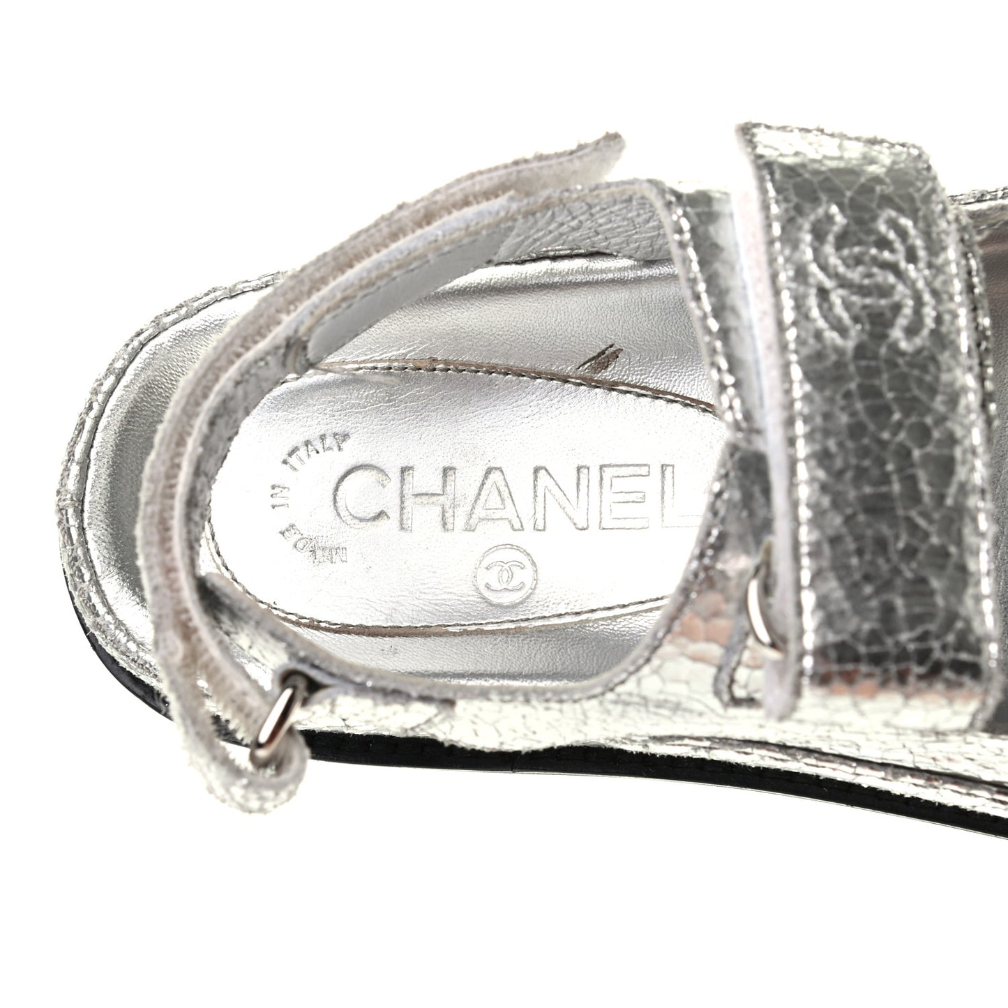 Metallic Crackled Calfskin Velcro Dad Sandals 36 Silver