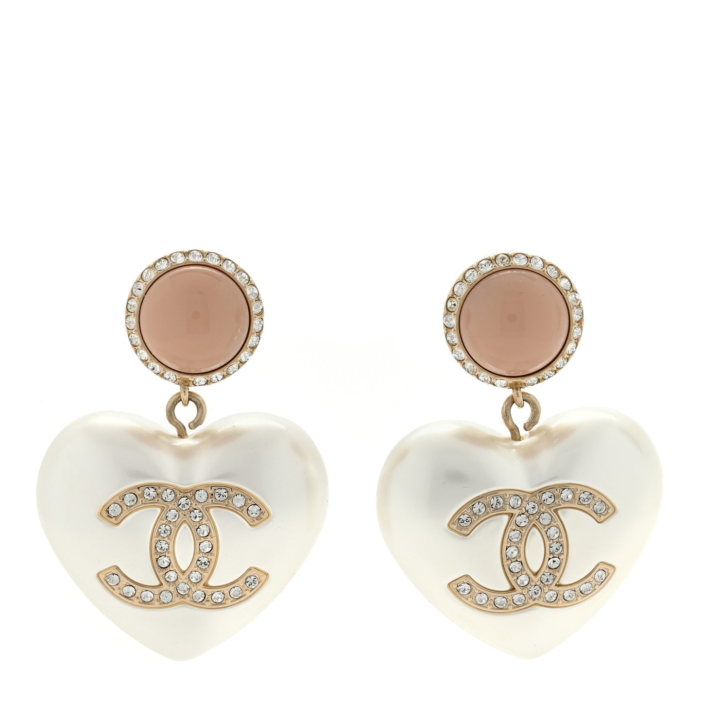 Pearl Resin Crystal CC Heart Drop Earrings Pink Gold