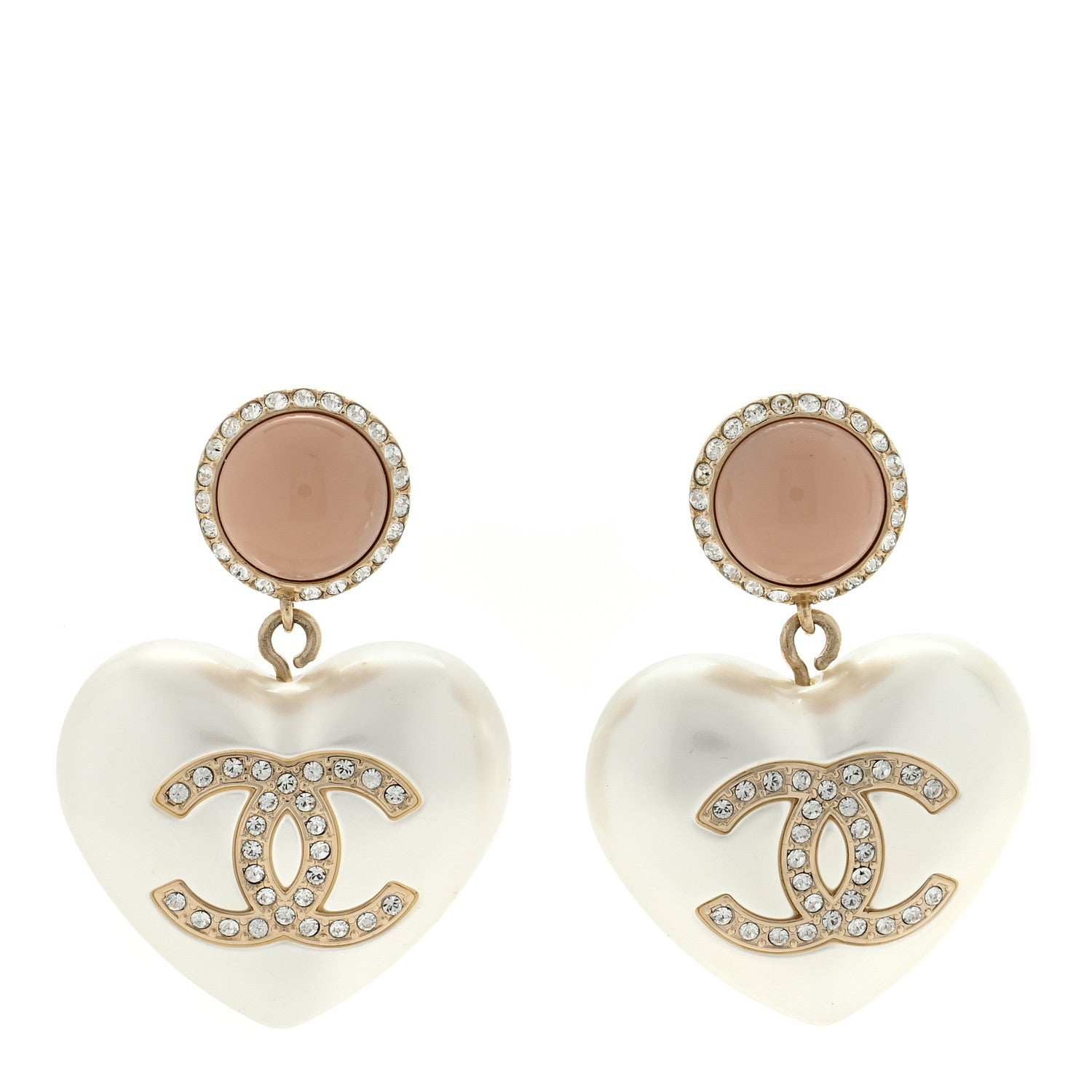 Chanel Pearl Resin Crystal CC Heart Drop Earrings Pink Gold 1 of 4