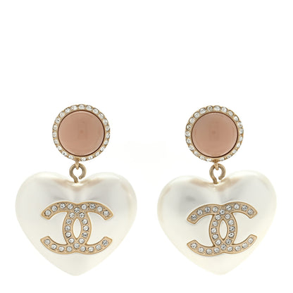 Chanel Pearl Resin Crystal CC Heart Drop Earrings Pink Gold 1 of 4