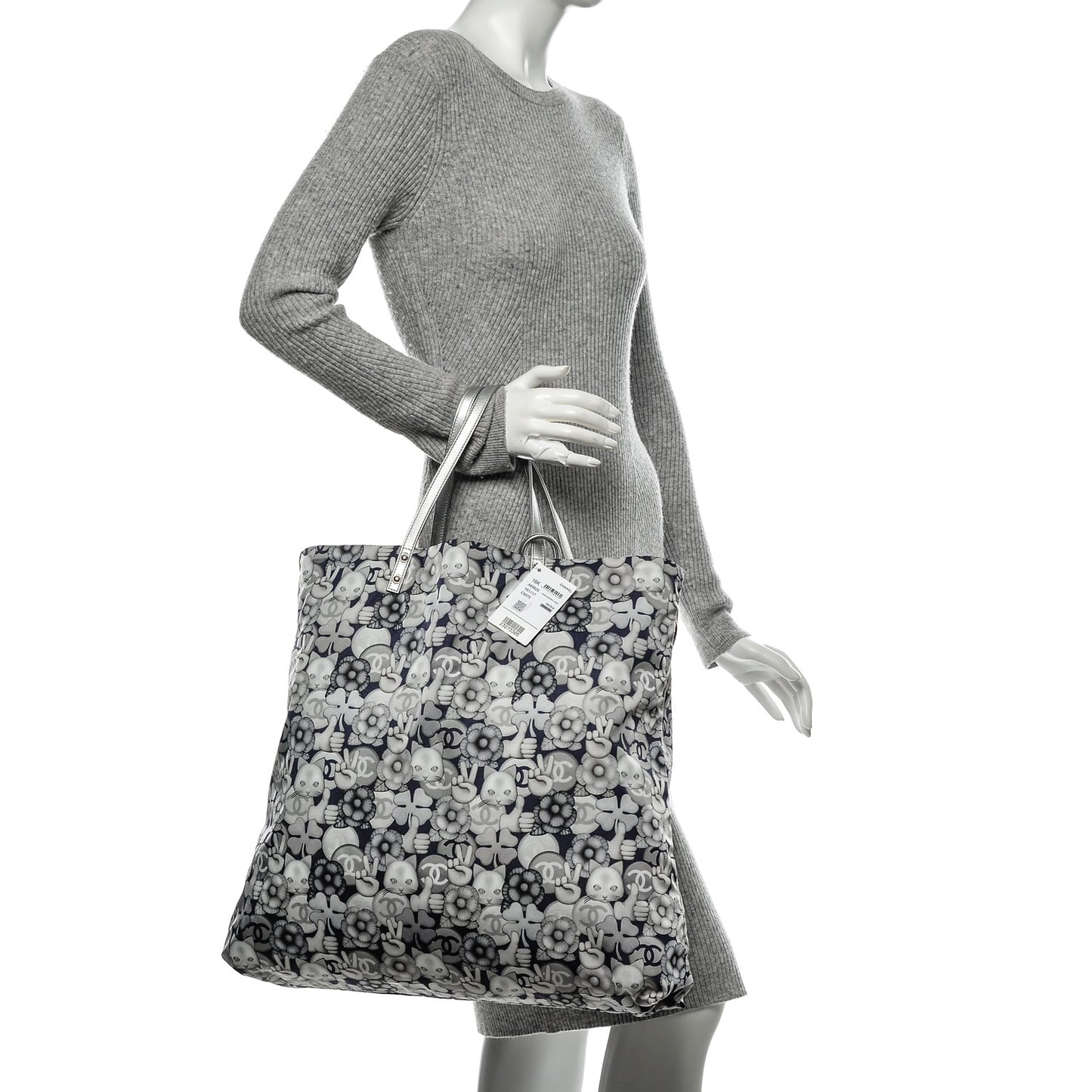 Nylon Cat Emoticon Tote Navy Silver