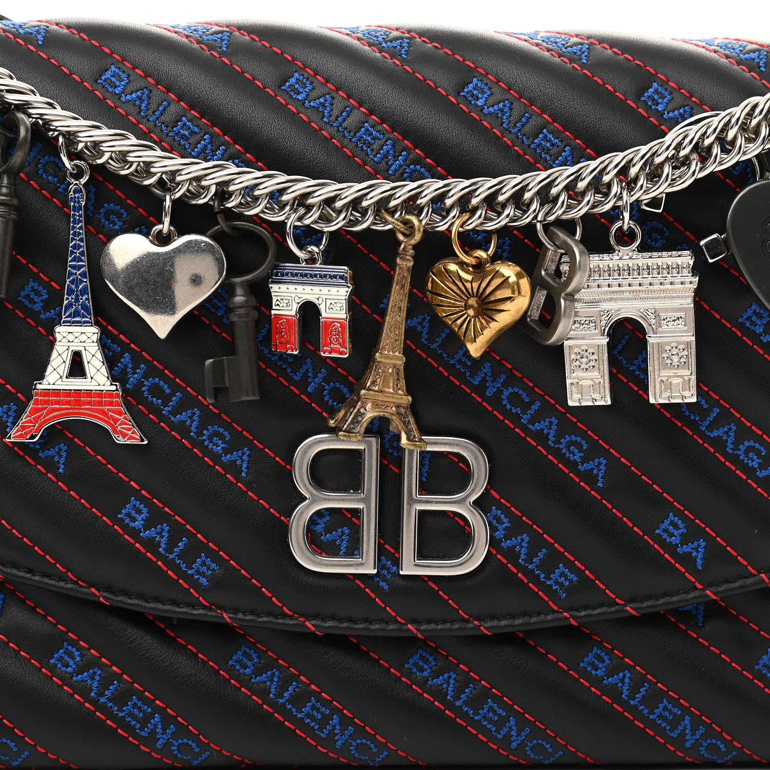 Balenciaga Calfskin Charms Logo Matelasse M BB Round Shoulder Bag Black Blue 7 of 9